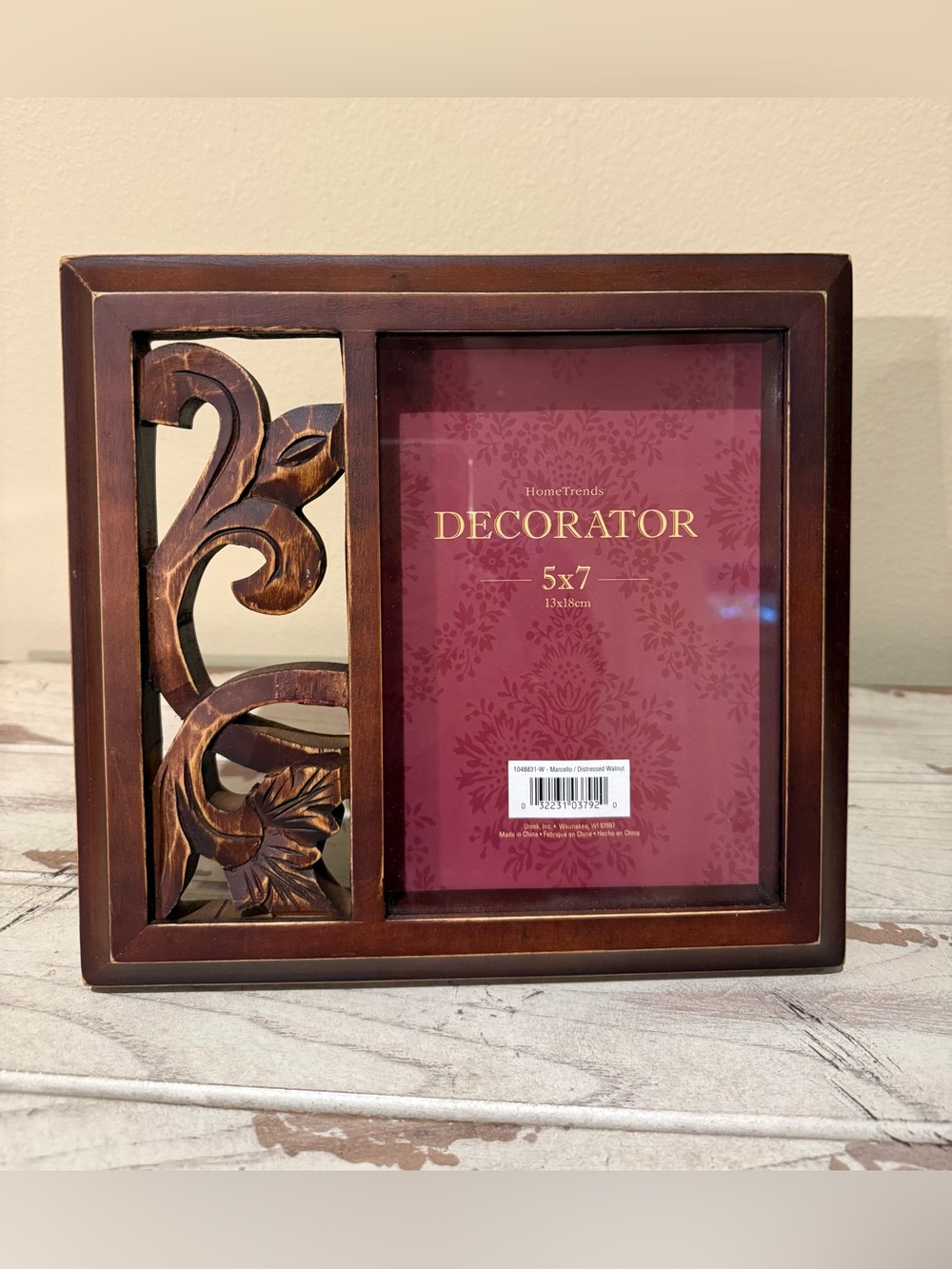 HomeTrends Marcello Distressed Walnut 5x7 Photo Frame with Carved Wood Accent